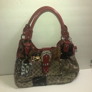 Brown and Red Sparkly Purse Snap and Zipper Closure